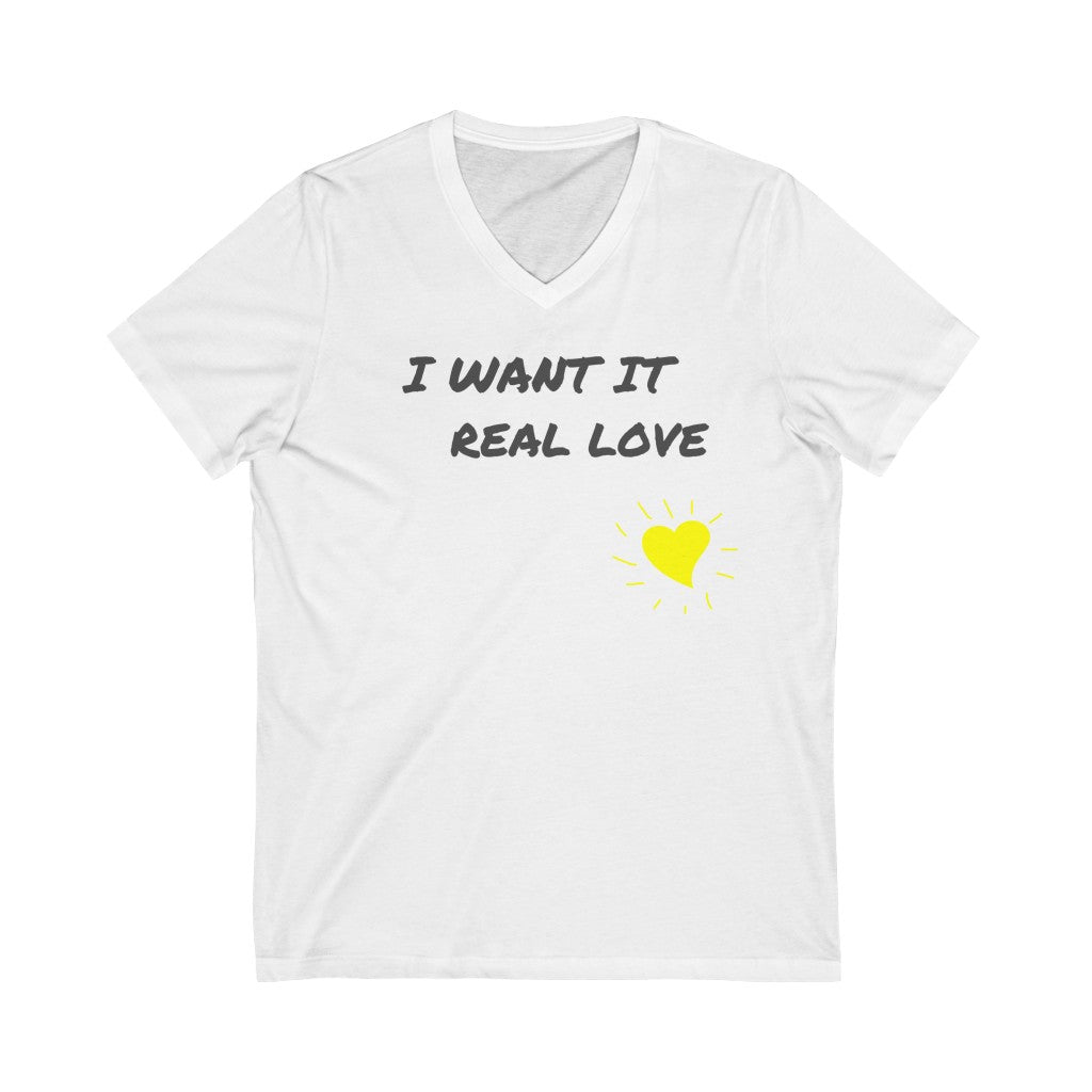 Unisex Jersey Short Sleeve V-Neck Tee Short Sleeve Tee graphic love real love I want it heart